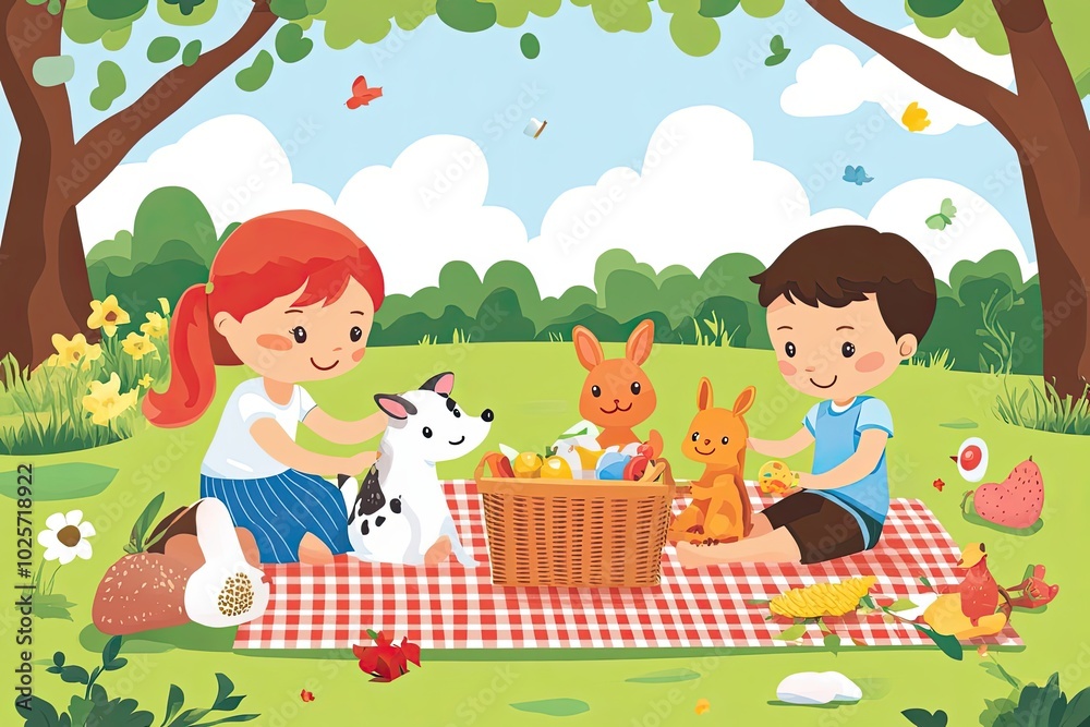 Fototapeta premium Two Children Having a Picnic with Animals in a Park