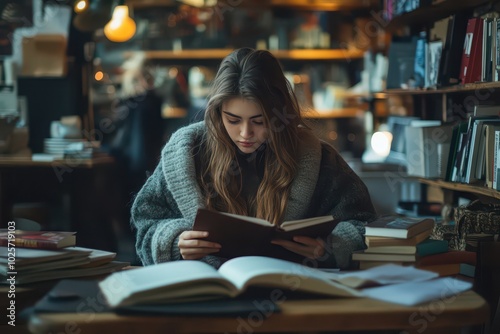 A young woman deeply focused on reading a book in a cozy, warmly lit library filled with bookshelves and study materials.