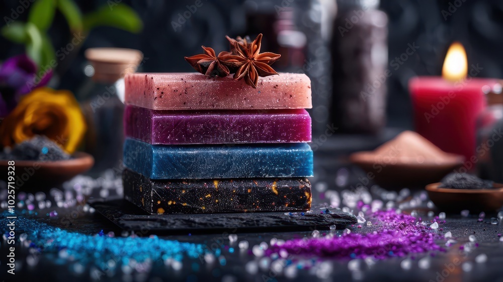 Handmade Soap Making Supplies, vibrant colors, close-up, cozy setting, photography Handmade Soap Making Supplies, vibrant colors, close-up, cozy setting, photography