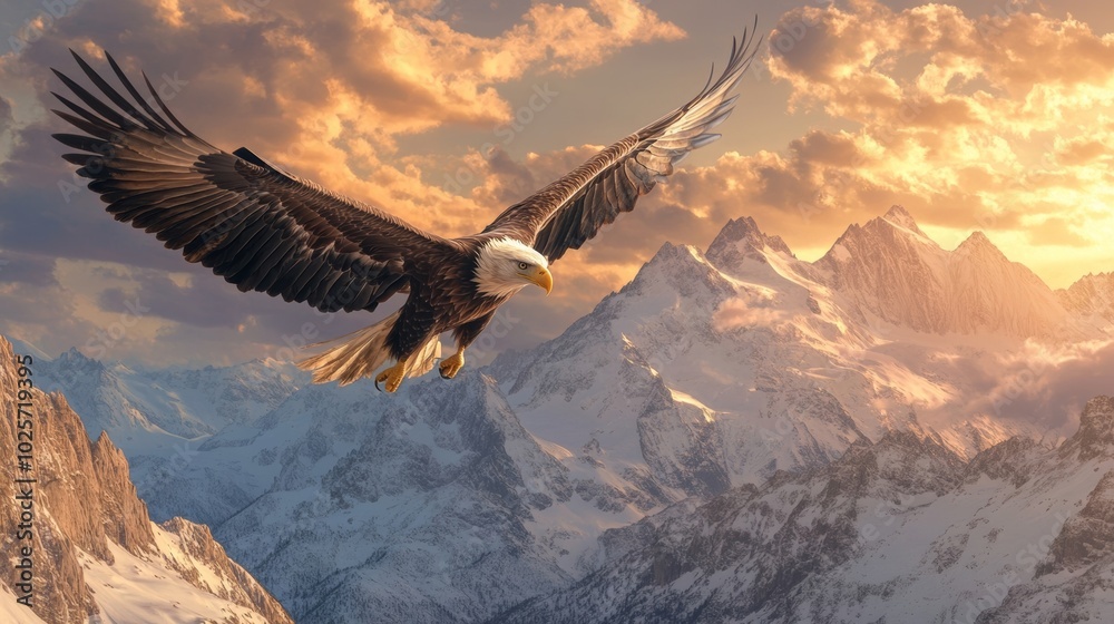 Fototapeta premium Majestic Eagle Soars Over Snow-Capped Mountains at Sunset