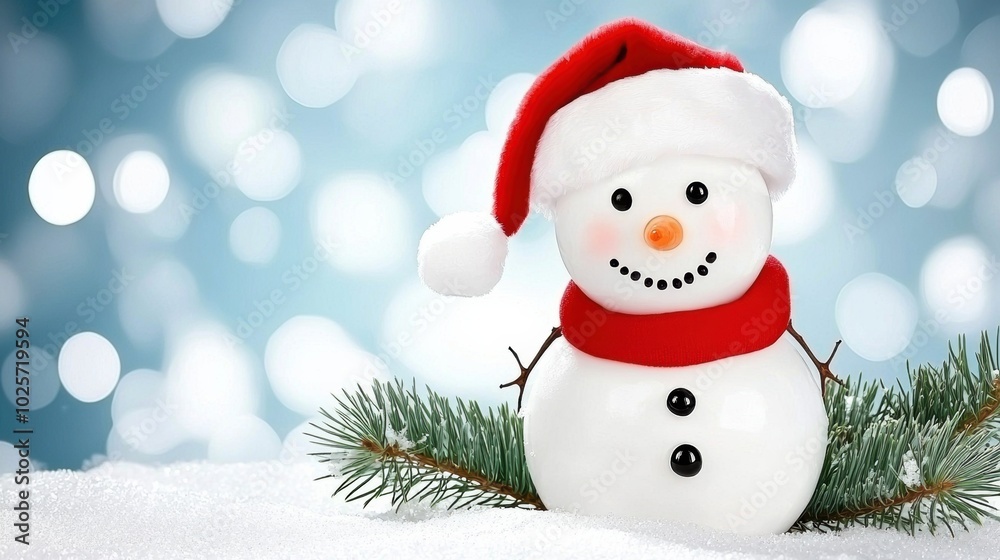 Cute Snowman with Holiday Background and Bokeh Lights Cute Snowman with Holiday Background and Bokeh Lights