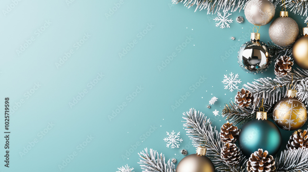 Festive Christmas composition featuring decorative ornaments, frosted pine branches, and snowflakes on a soothing turquoise background Festive Christmas composition featuring decorative ornaments, frosted pine branches, and snowflakes on a soothing turquoise background