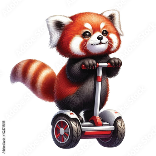 Red panda standing on a Segway clipart watercolor
