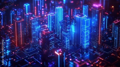 future city. futuristic city with neon lights and tall buildings. smart, technological city
