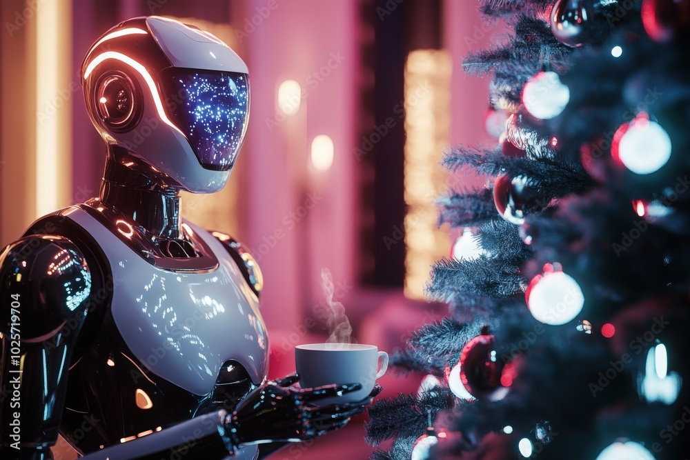 A glowing robot butler serving hot cocoa on Christmas morning, standing next to a futuristic Christmas tree that projects holographic ornaments A glowing robot butler serving hot cocoa on Christmas morning, standing next to a futuristic Christmas tree that projects holographic ornaments
