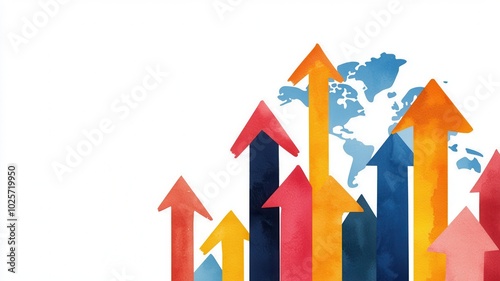 A colorful illustration of upward arrows set against a faint world map, symbolizing growth, progress, and global expansion.