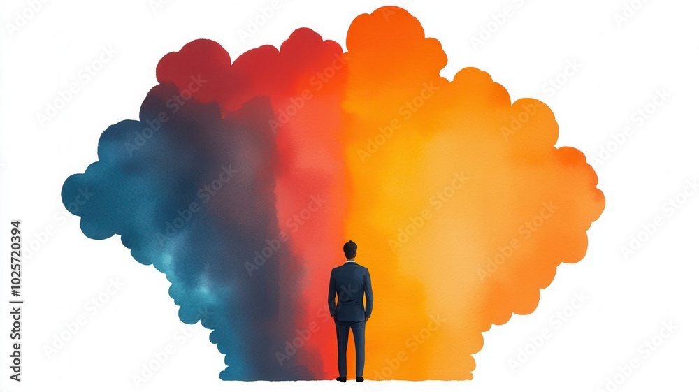 A silhouette of a person standing before vivid, colorful clouds, symbolizing contrasting emotions or ideas. A silhouette of a person standing before vivid, colorful clouds, symbolizing contrasting emotions or ideas.