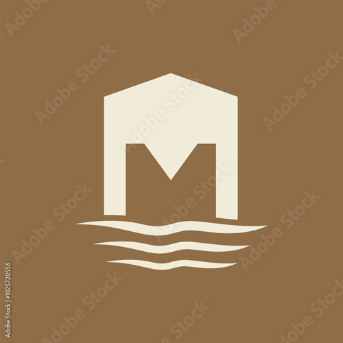 Real Estate M Letter Logo. Negative Space of Initial M and Minimalist House and lake