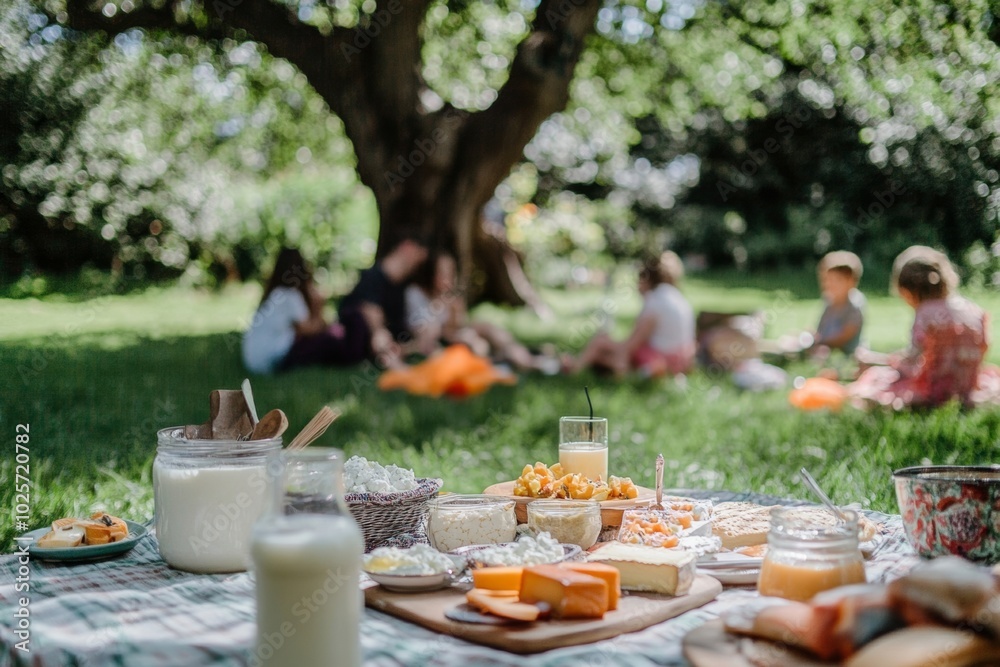 Relaxing picnic under a tree with tasty food and drinks, creating joyful memories in a sunny garden with friends and family. Relaxing picnic under a tree with tasty food and drinks, creating joyful memories in a sunny garden with friends and family.
