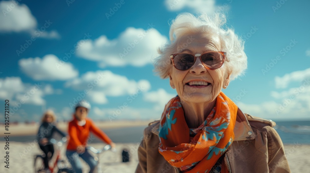 Fototapeta premium A woman smiles while wearing sunglasses and a scarf on a bright day. AI.