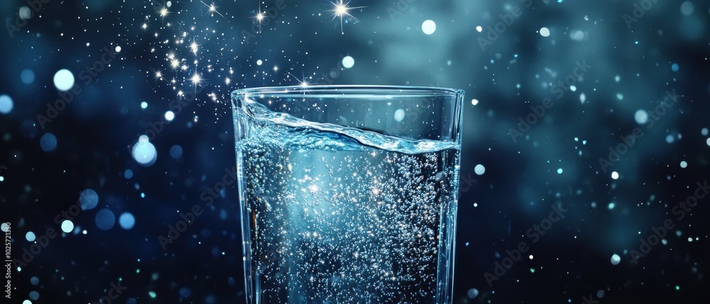 A clear glass filled with sparkling water, reflecting light, against a dreamy blue background, creating an enchanting visual effect. A clear glass filled with sparkling water, reflecting light, against a dreamy blue background, creating an enchanting visual effect.