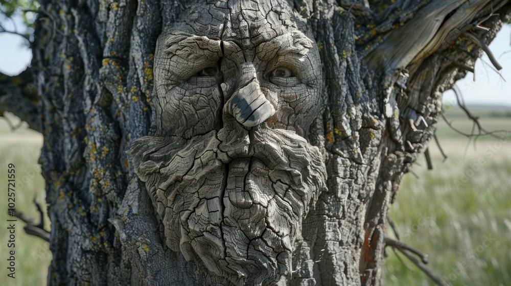A tree trunk with a weathered face carved into it. AI.