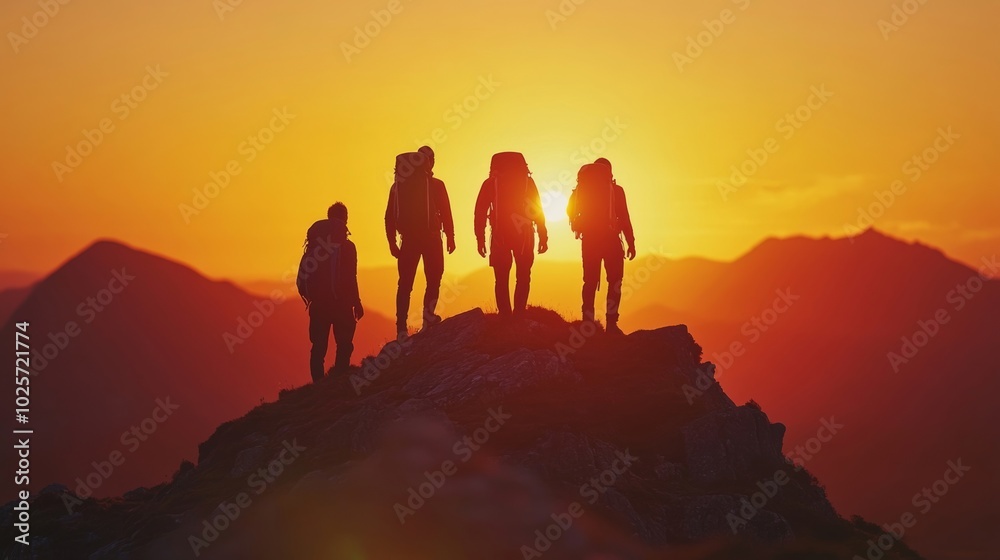 Hikers Silhouetted Against a Beautiful Sunset on the Mountain Peak