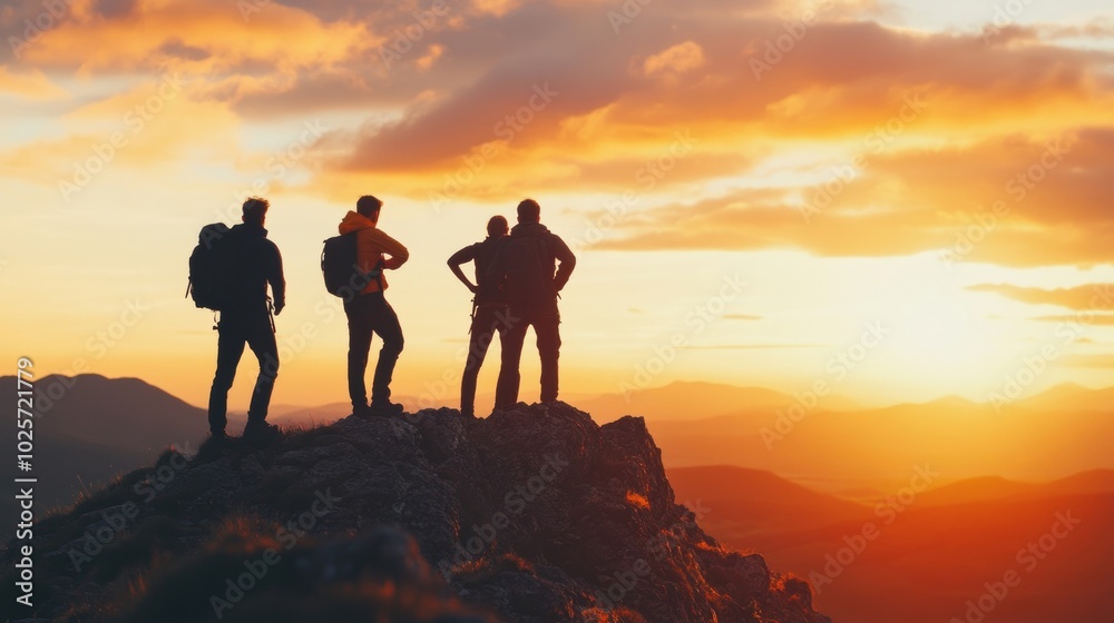 Group of friends enjoying a stunning sunset view on a mountain top, capturing a moment of togetherness and adventure in nature. Group of friends enjoying a stunning sunset view on a mountain top, capturing a moment of togetherness and adventure in nature.