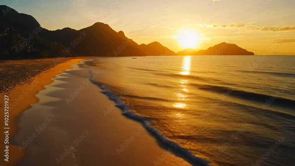 Serene Beach Sunset with Waves and Mountains in the Distance Serene Beach Sunset with Waves and Mountains in the Distance