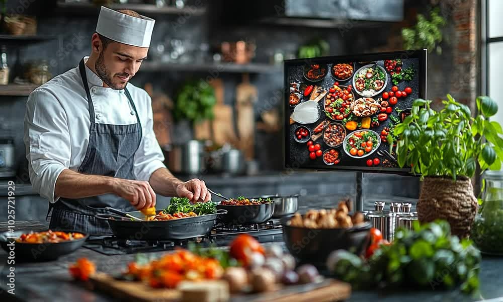 Chef preparing fresh vegetables in a modern kitchen setting. Chef preparing fresh vegetables in a modern kitchen setting.