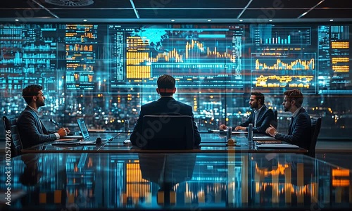 Business meeting with data analysis in a modern conference room.