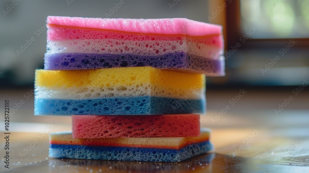 A stack of colorful sponges sitting on top of a table. AI. A stack of colorful sponges sitting on top of a table. AI.