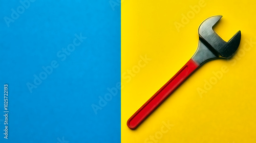 Adjustable wrench lying diagonally on blue and yellow background photo