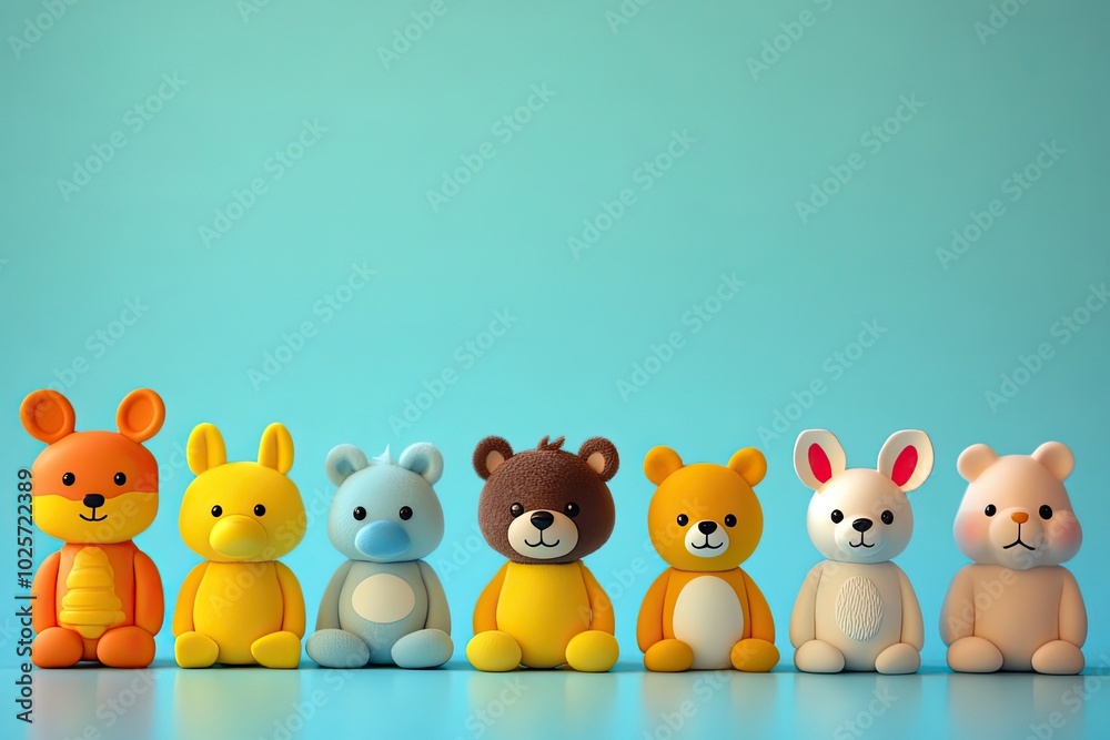Seven Colorful Plush Toys Sitting in a Row on a Blue Background Seven Colorful Plush Toys Sitting in a Row on a Blue Background