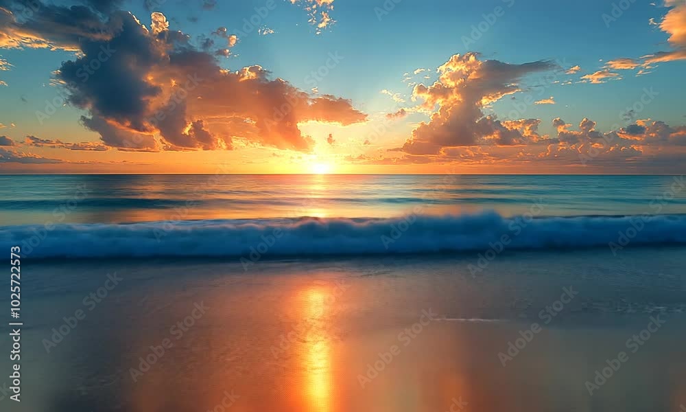 Serene sunset over the ocean with gentle waves and colorful clouds. Serene sunset over the ocean with gentle waves and colorful clouds.