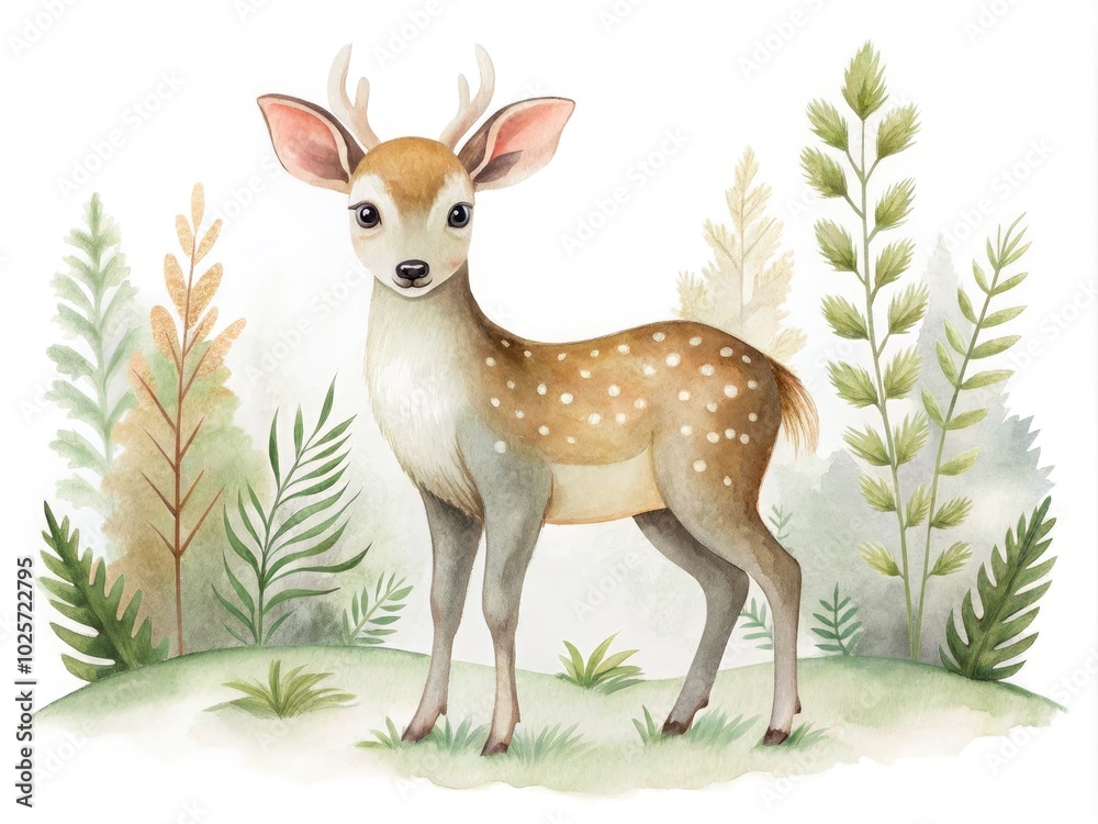 Fototapeta premium Charming watercolor baby elk art for nursery decoration, showcasing a Scandinavian forest animal theme. Ideal for adding warmth and whimsy to your child's space.