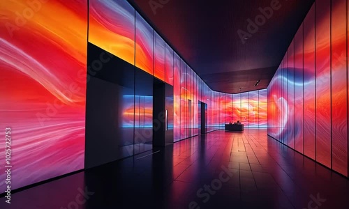 Vibrant, illuminated wall art in a modern architectural space.