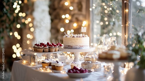 Delightful dessert table setup with cakes, cupcakes, and fairy lights for a special celebration.