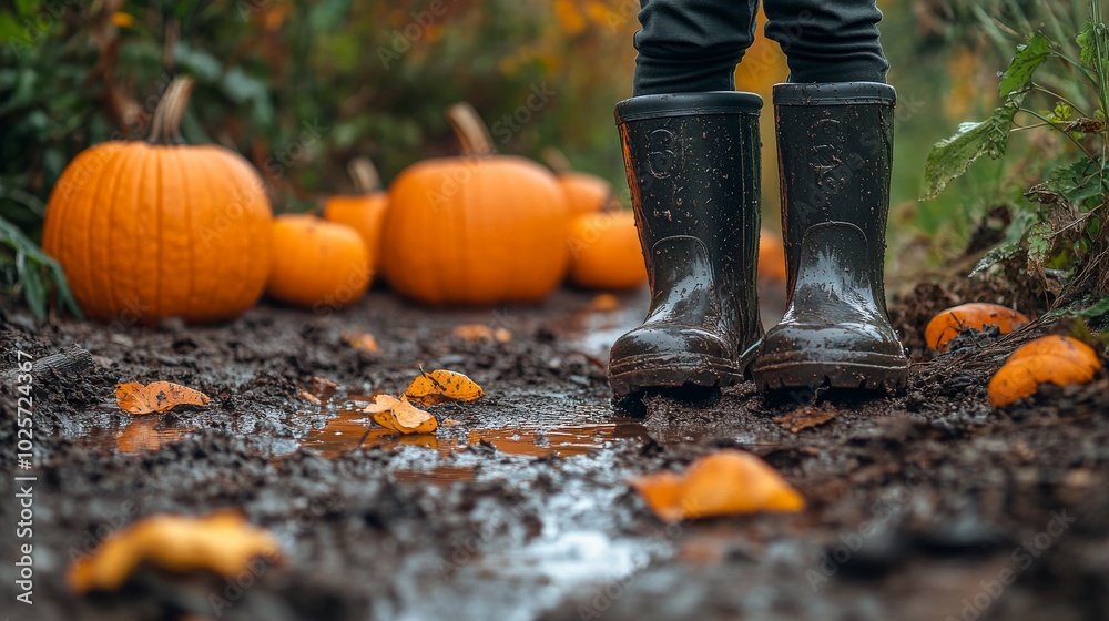 Obraz premium An empty scene featuring a childâ€™s rain boots beside a group of pumpkins on a muddy path, creating an ideal product mockup space