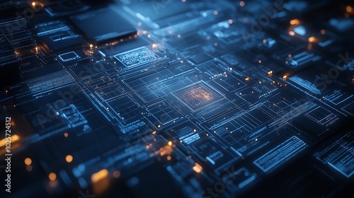 An electric blue glow illuminates the center of a close-up computer chip of complex blueprint algorithms for automotive lighting or construction.