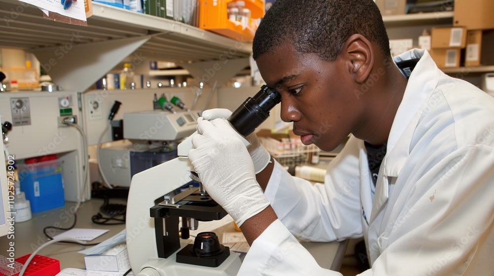 Autism Research - Scientist Focused on Microscope in Well-Lit Laboratory, Surrounded by Research Notes