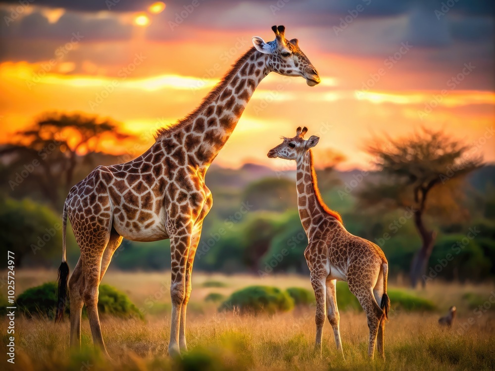 Obraz premium Delight in tilt-shift photography featuring a cute baby giraffe beside its parent, a heartwarming scene that will enchant all wildlife enthusiasts and animal lovers alike.