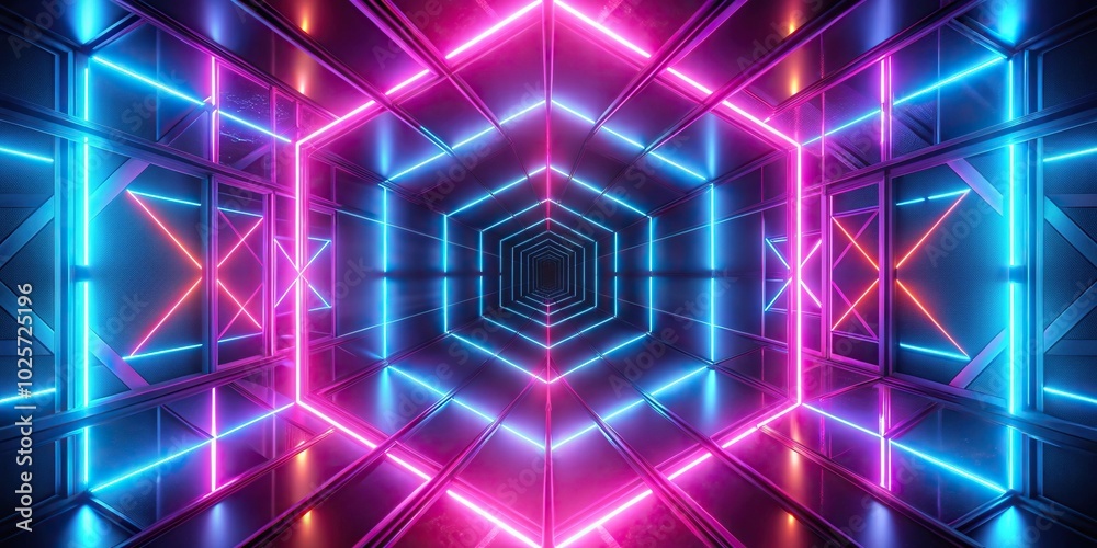 Close-up of colorful neon lights creating a geometric symmetrical pattern Close-up of colorful neon lights creating a geometric symmetrical pattern