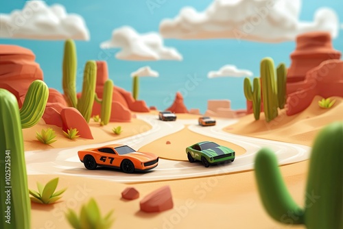 Toy Cars Racing Through a Desert Landscape photo