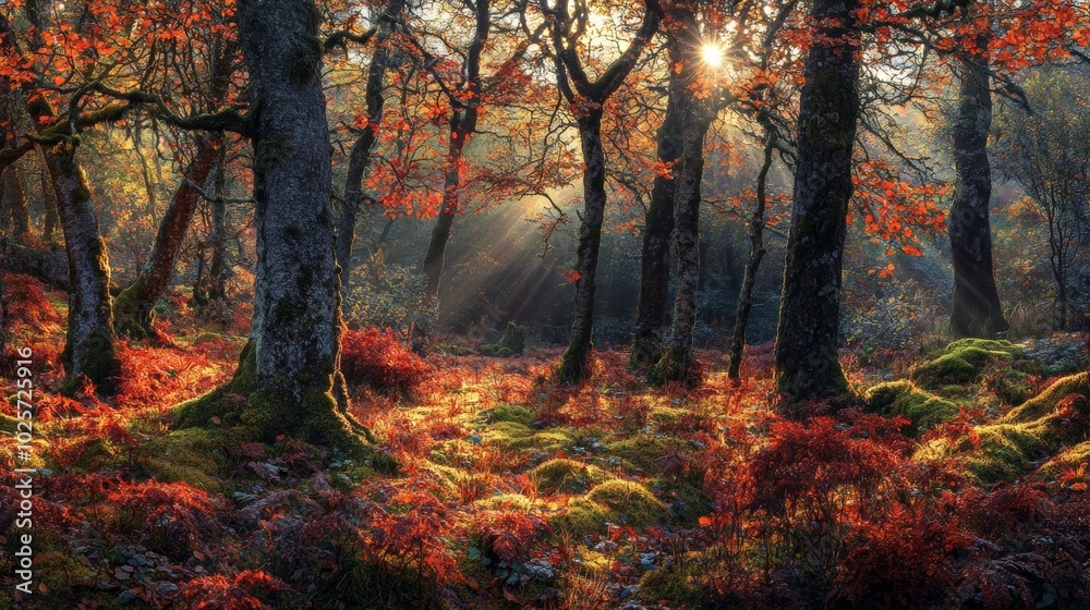 Autumn Forest with Stunning Rays of Light through Colorful Leaves and Trees Autumn Forest with Stunning Rays of Light through Colorful Leaves and Trees