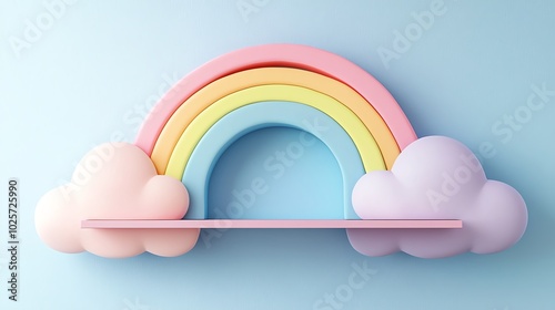 Whimsical nursery with rainbow wall art, pastel colors, and cloudshaped shelves, playful and imaginative, side view photo