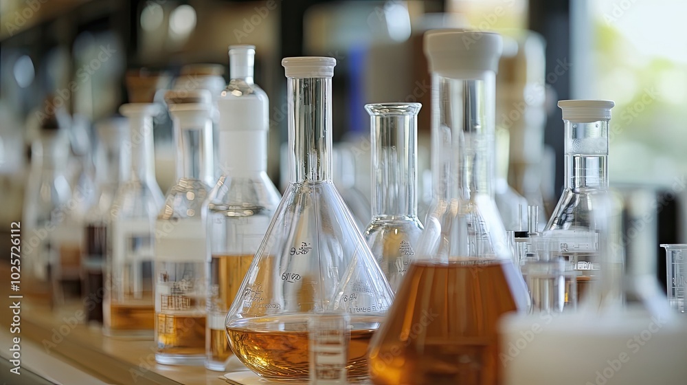 Various beakers filled with liquid. This image depicts a laboratory setting, perfect for scientific concepts, research, or medical visuals.
