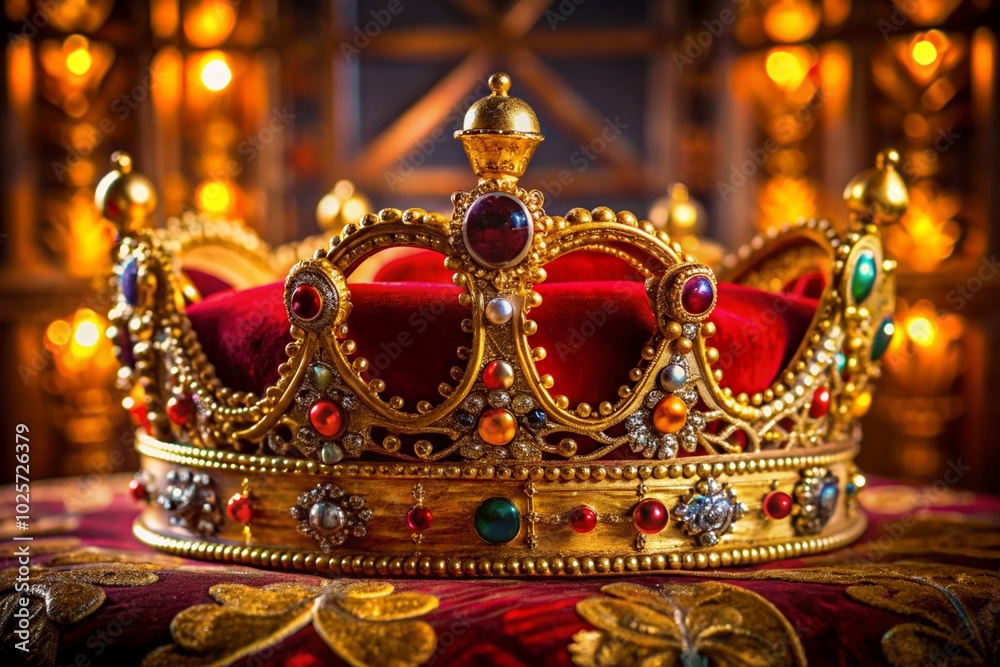 A crown with many jewels and a gold band sits on a red velvet cushion