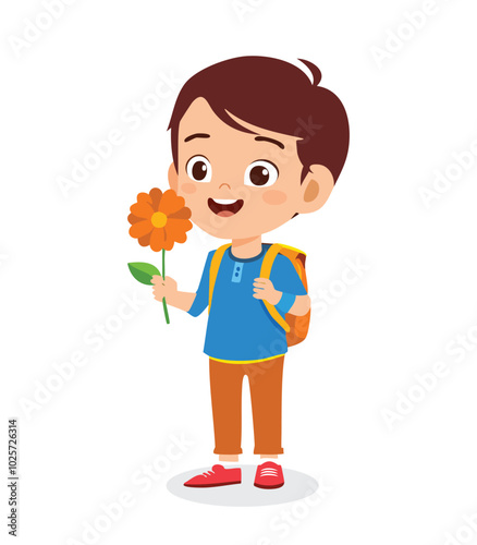 Little boy smelling a flower showing a Smell