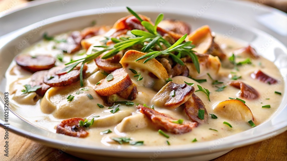 Close-up of delicious creamy bacon dish with mushrooms Close-up of delicious creamy bacon dish with mushrooms