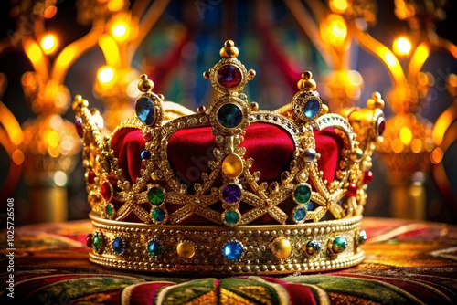 A crown with many jewels and a gold band sits on a red velvet cushion