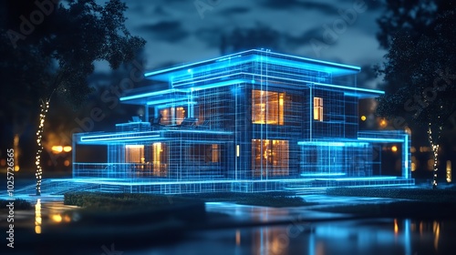 Futuristic digital project of a residential house with neon blue lines overlaying the structure, depicting advanced technology in modern architecture and smart home integration, innovation.