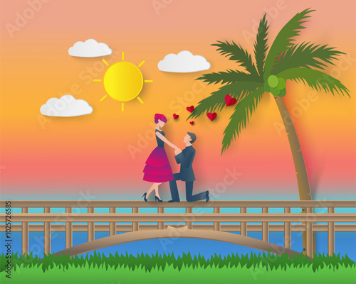 Illustration of a romantic couple on a bridge. A man proposes to his girlfriend romantically.