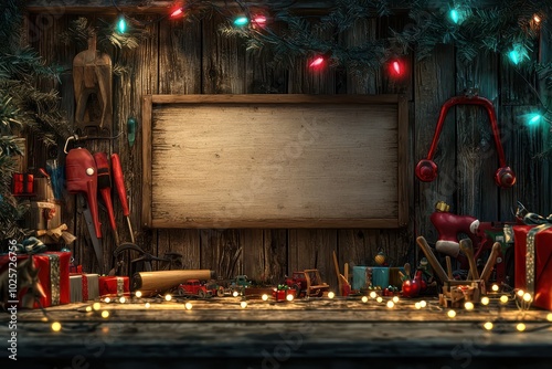 Illustrate a lively Santa Claus workshop with a signboard amidst toys and lights.