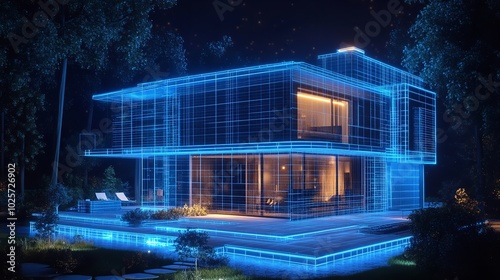 Futuristic digital project of a residential house with neon blue lines overlaying the structure, depicting advanced technology in modern architecture and smart home integration, innovation.