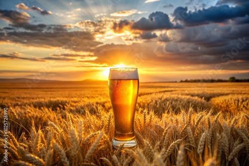 A glass of beer is sitting on a field of wheat photo