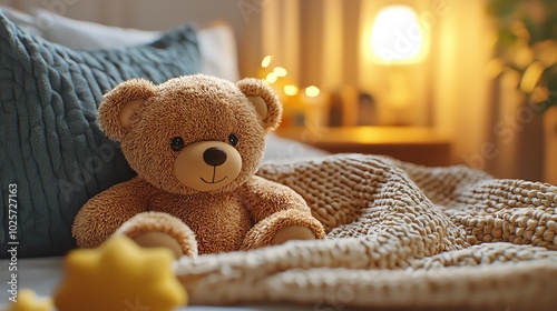 Teddy bear plush with cozy blanket, warm nursery, 3D illustration photo