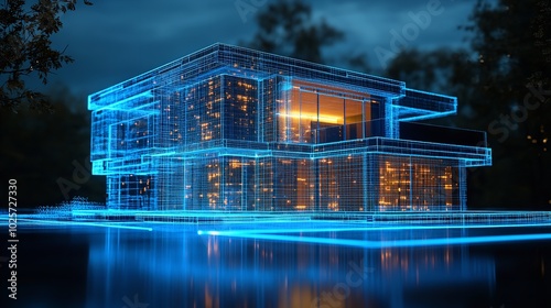 Futuristic digital project of a residential house with neon blue lines overlaying the structure, depicting advanced technology in modern architecture and smart home integration, innovation.