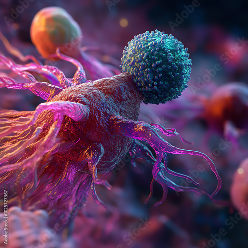 A close-up of a phagocyte engulfing a bacteria, showing how the immune system eliminates invaders. photo