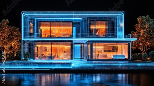 Futuristic digital project of a residential house with neon blue lines overlaying the structure, depicting advanced technology in modern architecture and smart home integration, innovation.